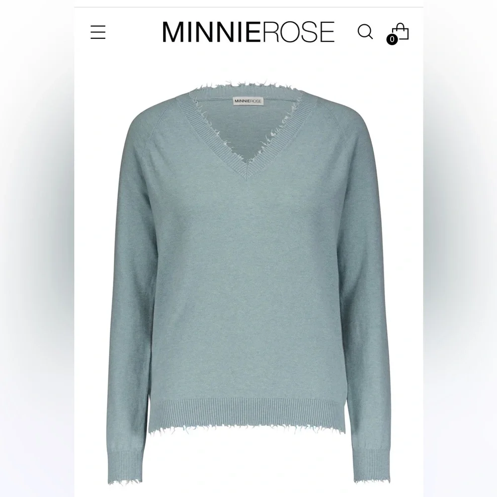 Minnie Rose Cashmere Fray V Neck Sweater - Picture 1 of 5